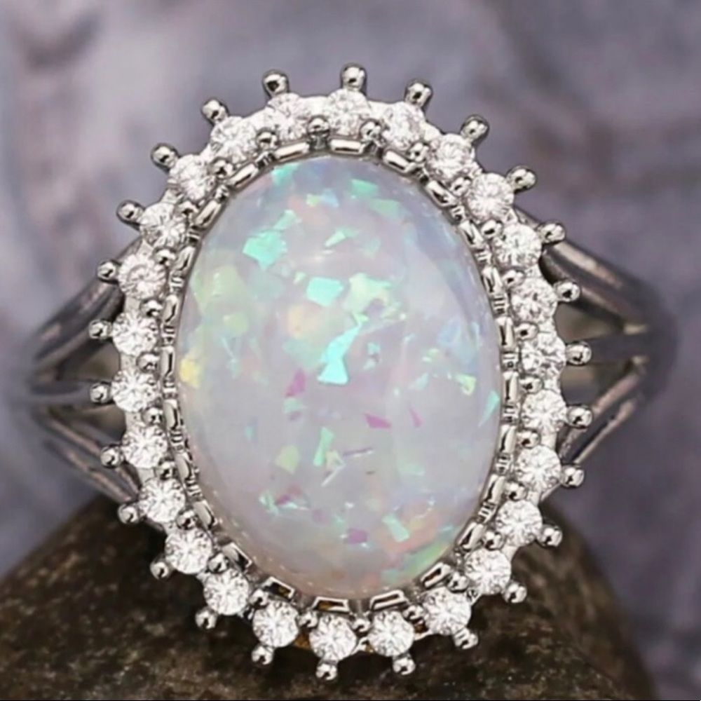 NWT 925 Silver Women Oval Cut White Opal Ring